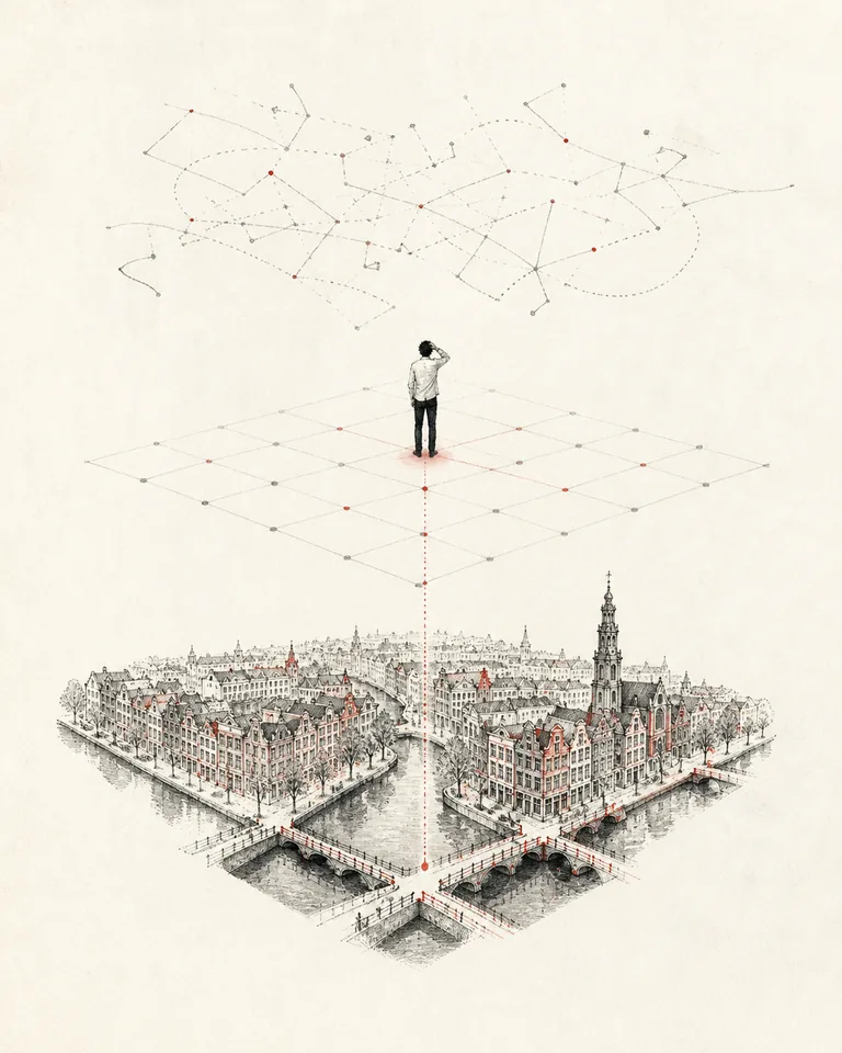 Illustration of a person navigating a map of Amsterdam and possible routes.